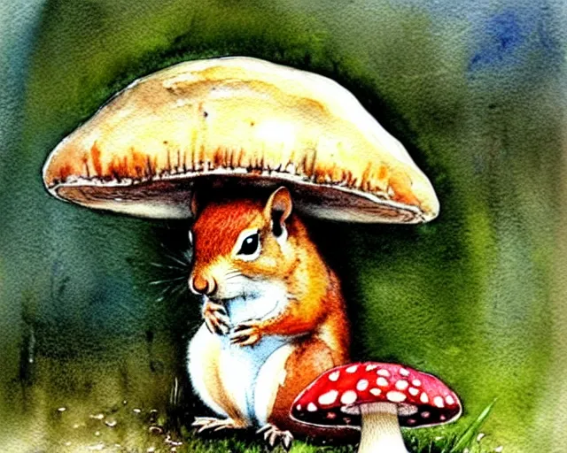 Prompt: a cute little squirrel standing under a huge mushroom, hiding from the rain, watercolor painting by jean - baptiste monge, muted colors