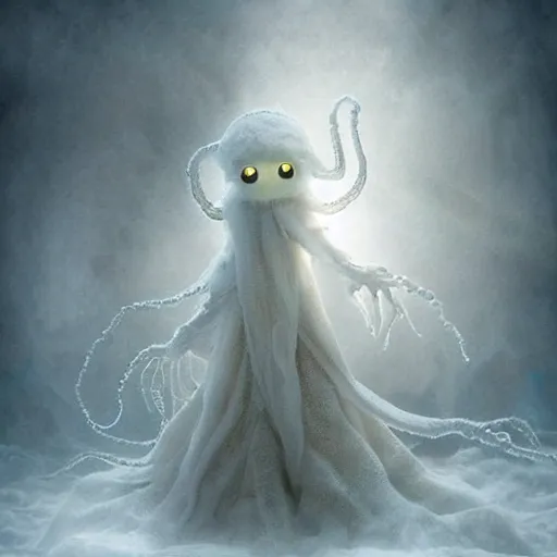 Image similar to an ethereal dream like fantasy fluffy ghost like spooky live action muppet wraith like figure with a squid like parasite latched as its head and four long tentacles for arms that flow gracefully at its sides like a cloak while it floats around a frozen rocky tundra in the snow searching for lost souls and that hides amongst the shadows in the trees, this character has hydrokinesis and electrokinesis is a real muppet by sesame street, photo realistic, real, realistic, felt, stopmotion, photography, sesame street