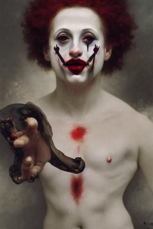 Prompt: extreme beautiful portrait of a killer clown, Art by William Adolphe Bouguereau, extreme detailed and hyperrealistic