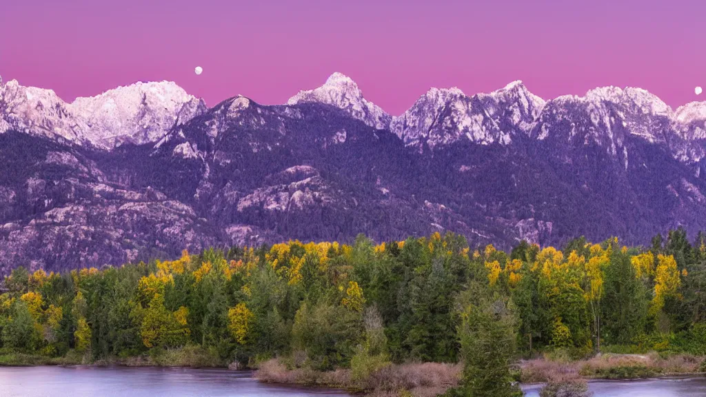 Image similar to Panoramic photo where the mountains are towering over the valley below their peaks shrouded in mist. It is night and the moon is just peeking over the horizon and the purple sky is covered with stars and clouds. The river is winding its way through the valley and the trees are blue and pink