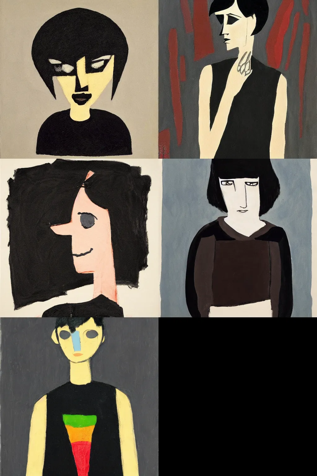 Prompt: goth by etel adnan. high - quality character portrait. short dark brown messy pixie haircut, large black eyes, slightly rounded face, pointed chin, small nose, black tank top, black leather jacket, black knee - length skirt, black choker.