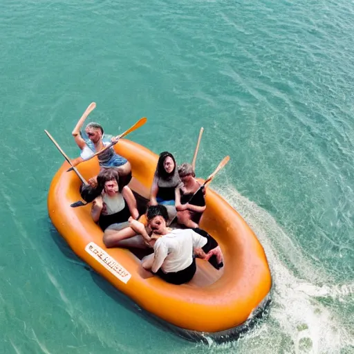 Image similar to four people on a wooden raft