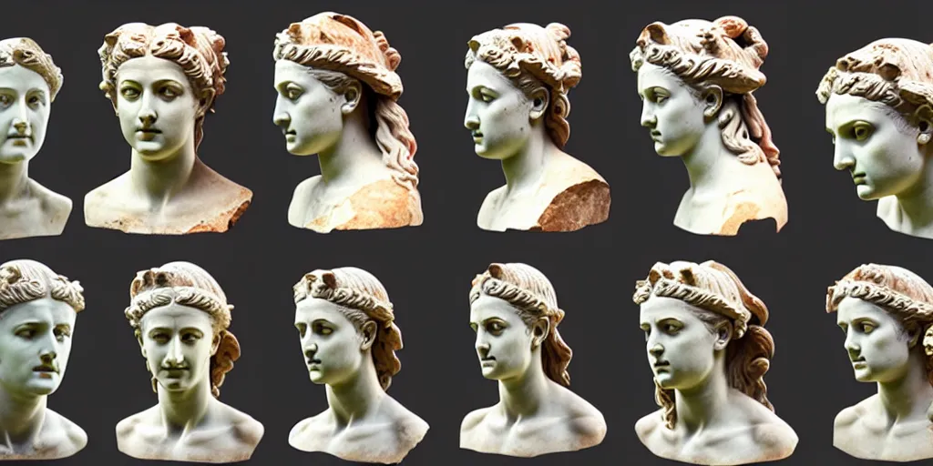 Image similar to ancient greek sculpture, bust, multiple poses, flawless beauty, young woman as medusa, strong jawline
