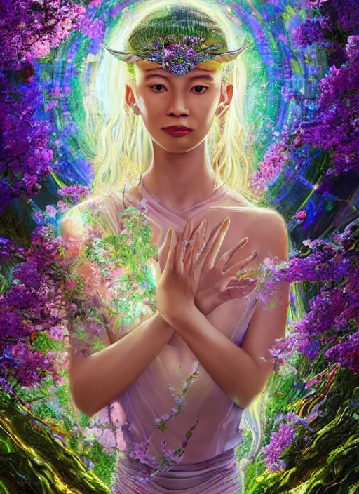 Image similar to portrait of Lalisa Manobal as a Celestial Goddess of a futuristic pearlescent holographic, inside future fighter, sci-fi, fantasy, intricate, lush garden spaceship with sakura season flowers in Kyoto Japan, elegant, human anatomy, royal green and nature light, highly detailed, digital painting, artstation, concept art, smooth, sharp focus, illustration, art by tian zi and WLOP and alphonse mucha, masterpiece, 3d blender