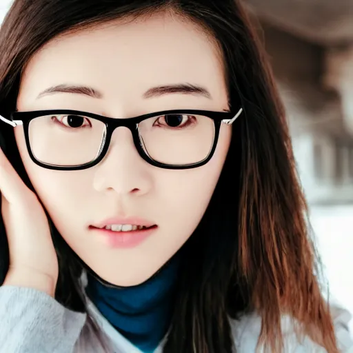 Prompt: portrait of a beautiful and cute round face korean girl with long silver hair wearing round glasses in a white trendy clothes