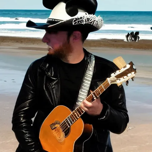 Prompt: photo of a panda wearing a cowboy hat and black leather jacket playing a guitar on a beach