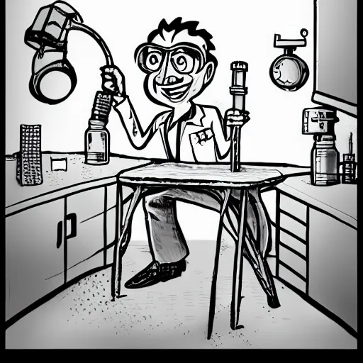 Image similar to mad scientist in his lab, elaborate high quality pencil drawing cartoon