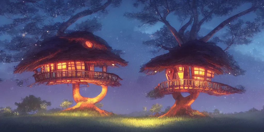 Image similar to beautiful anime painting of a treehouse at nighttime, by makoto shinkai, koto no ha no niwa, artstation, atmospheric.