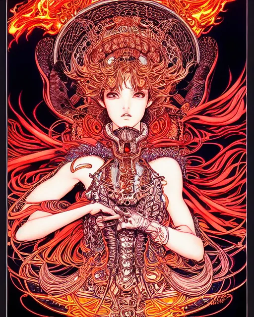 Image similar to hyper detailed illustration of the goddess of fire, intricate linework, lighting poster by moebius, ayami kojima, 90's anime, retro fantasy