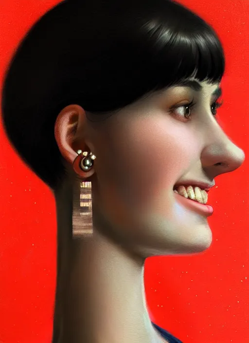 Image similar to portrait of teenage girl, narrow face, short black hair, bangs, half updo hairstyle, skinny, big nose, smile, unattractive, defined jawline, long chin, wearing hair bow, earrings, intricate, elegant, glowing lights, highly detailed, digital painting, artstation, sharp focus, illustration, art by wlop, mars ravelo and greg rutkowski