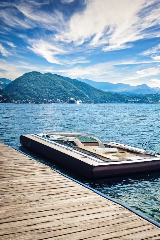 Image similar to Photo of a Riva Aquarama floating near a dock with Lake Como in the background, wide shot, daylight, blue sky, summer, dramatic lighting, award winning, highly detailed, 1980s, luxury lifestyle, fine art print, best selling.