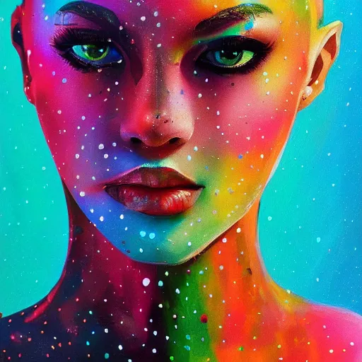 Image similar to beautiful face of girl in style spotty pointism without nose, super bright colors, colored spots, mixed liquid acrylic, painting come to life, artstation, ultradetail