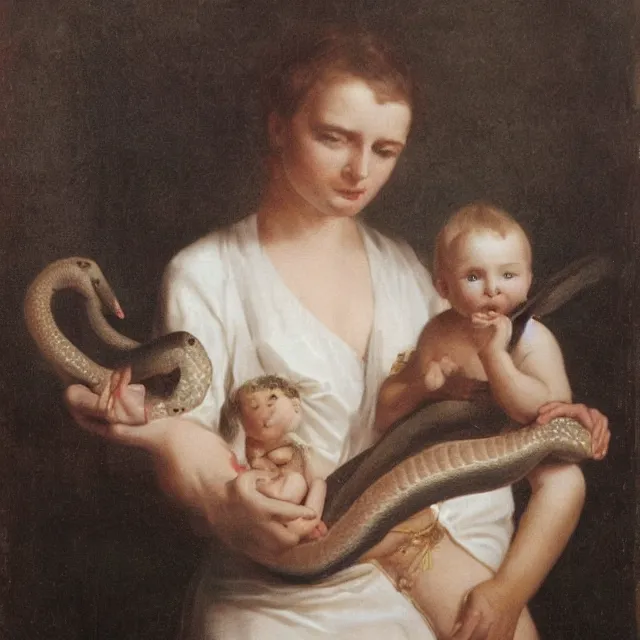 Prompt: eve holding baby over snake