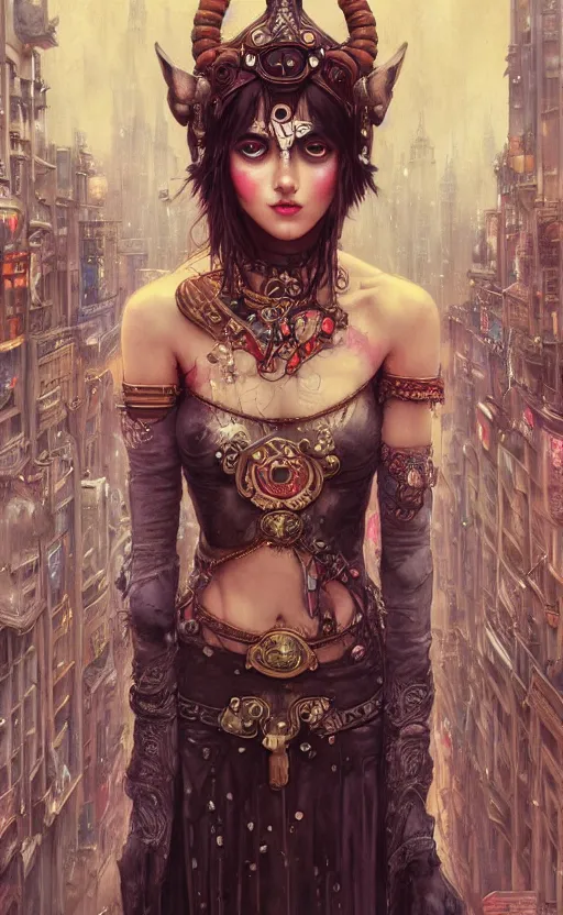 Image similar to hyper realistic Princess Mononoke, ornate mask magic, wet market street, cyberpunk metropolis, city landscape, jewels, full body pose, full moon, crowded streets, style of tom bagshaw, mucha, james gurney, norman rockwell, denoised, sharp