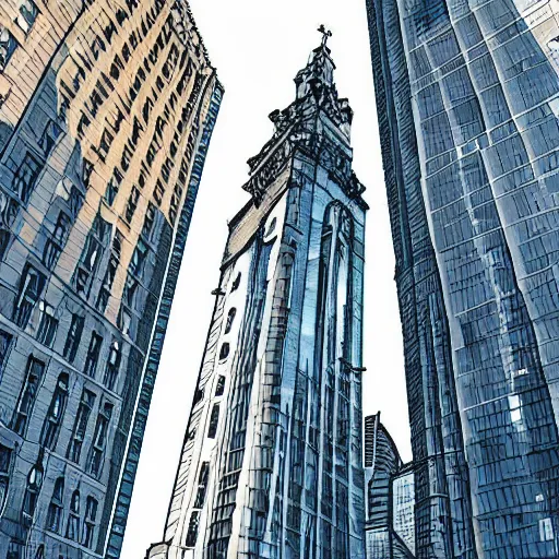 Image similar to an epic digital painting of an intimidating giant, very tall, stunning buildings, long shot angle