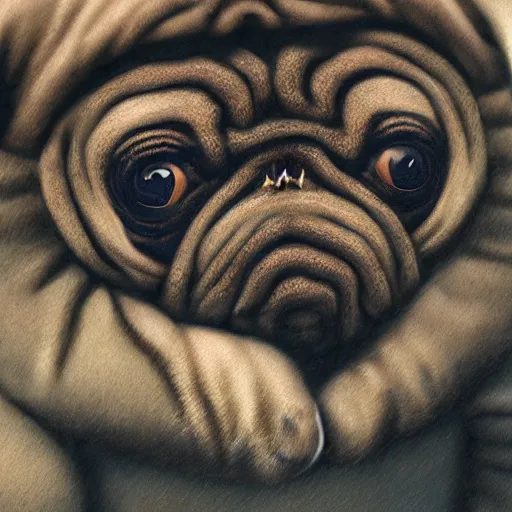 Image similar to A tardigrade with the eyes and mouth of a pug, national geographic-file-photograph, paywall-content, premium-award-winning, trending on artstation