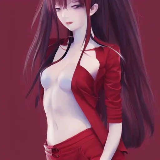 Image similar to kurisu makise, elegant, ultra highly detailed, digital painting, smooth, sharp focus, artstation, top-down shot, red background, art by Ina Wong