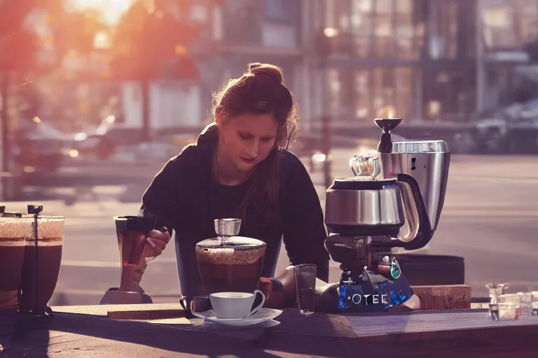 Prompt: hyperrealistic portrait of stunningly beautiful female nordic barista, brewing a V60 coffee outdoor, lit by dawn light, busy city on background, trending on artstation,ultrawide angle, f8 , polarizer , unreal engine