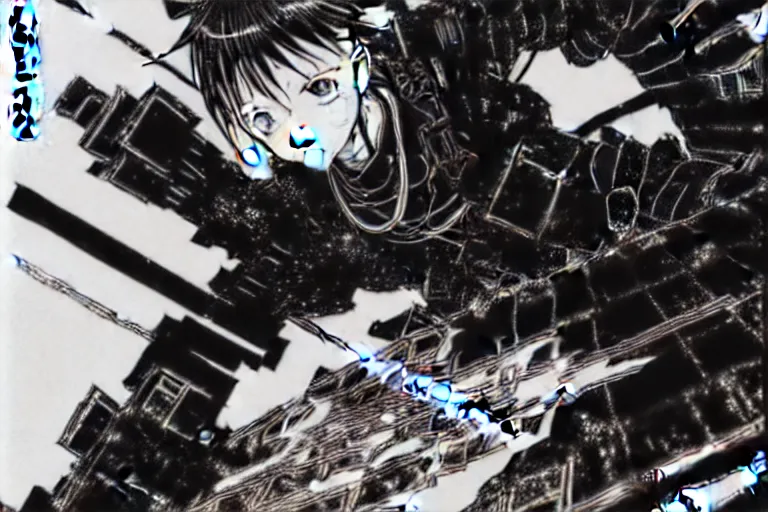 Prompt: fine detailed anime style illustration of Killy firing a gravitational beam emitter, Tsutomu Nihei style, Koji Morimoto, Blame! brutalist architecture, dystopian cyberpunk, fine detail