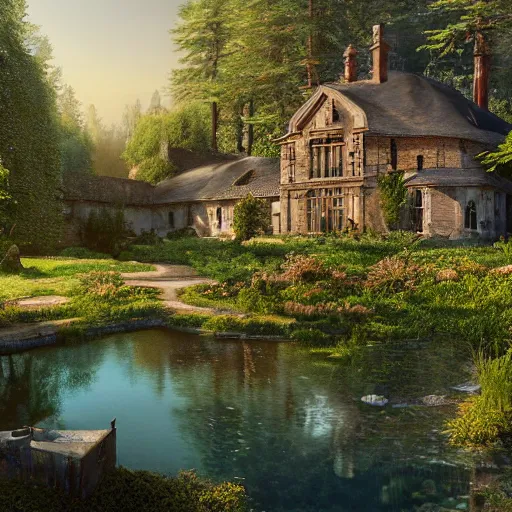 Prompt: a georgian manor house next to a pine forest, with a fishpond and courtyard, blue sky, sunny, detailed, volumetric, cinematic lighting, realistic, digital art by greg rukowski