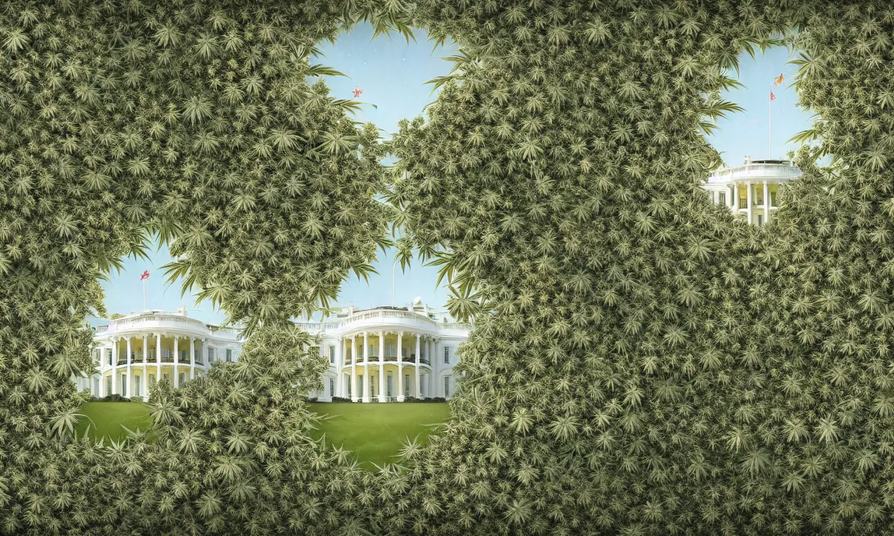 Prompt: a architectural portrait of the white house surrounded in wild blooming cannabis on a beautiful summer day, cg art, fine art, highly detailed, digital painting, cgi, volumetric lighting, sunny atmosphere