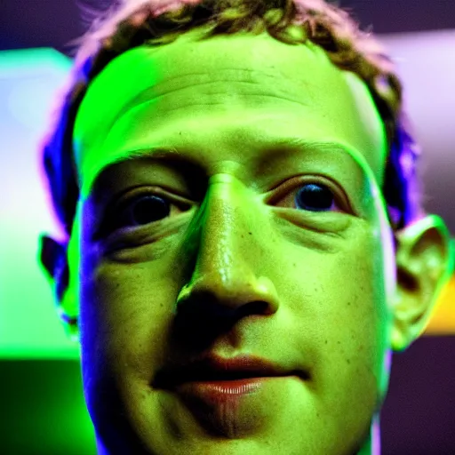 Prompt: Mark Zuckerberg with green scaly skin and yellow glowing eyes.