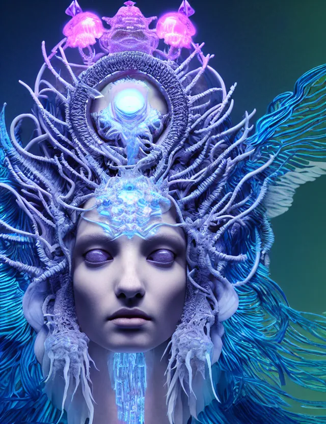 Prompt: render of goddess macro close - up portrait with crown made of phoenix ram skull. betta fish, jellyfish phoenix, bioluminiscent, plasma, ice, water, wind, creature, super intricate ornaments artwork by tooth wu and wlop and beeple and greg rutkowski