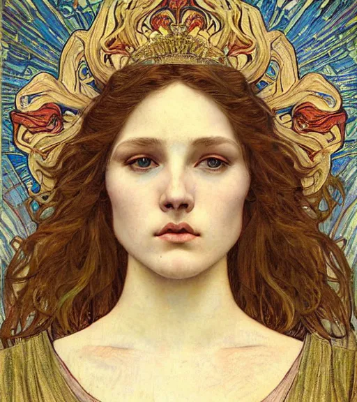 Image similar to detailed realistic beautiful young medieval queen face portrait by jean delville, alphonse mucha, vincent van gogh, and marco mazzoni, art nouveau, symbolist, visionary, gothic, pre - raphaelite