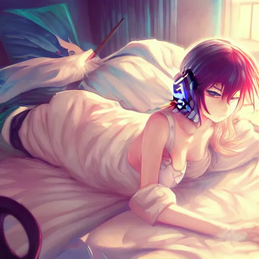 Prompt: digital!! anime art!!, gamer girl in a messy bedroom sleeping on her desk, wlop, rossdraws, artgerm, ross tran