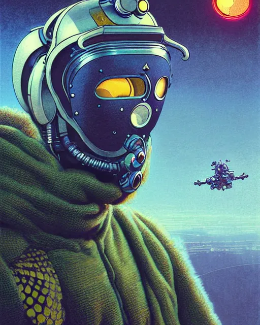 Image similar to cherub overwatch, mask, balaclava, character portrait, portrait, close up, concept art, intricate details, highly detailed, vintage sci - fi poster, retro future, vintage sci - fi art, in the style of chris foss, rodger dean, moebius, michael whelan, and gustave dore