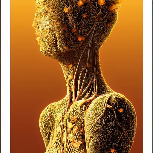 Prompt: beatifull woman, 150 mm, anatomical, flesh, flowers, mandelbrot fractal, facial muscles, veins, arteries, intricate, golden ratio, full frame, microscopic, elegant, highly detailed, ornate, ornament, sculpture, elegant , luxury, beautifully lit, ray trace, unreal, 3d, PBR, in the style of peter Gric and Romero Ressendi