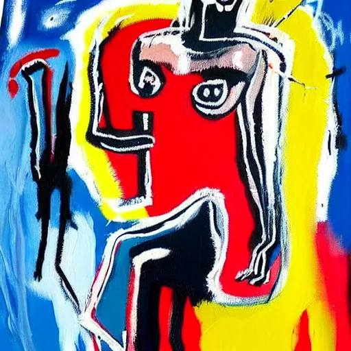 Image similar to A pretty woman with devil horns wearing a silver mini dress standing on the ocean, pitchfork, creative background, abstract jean-Michel Basquiat oil painting with thick paint strokes, oil on canvas, intricately!!! detailed!!!