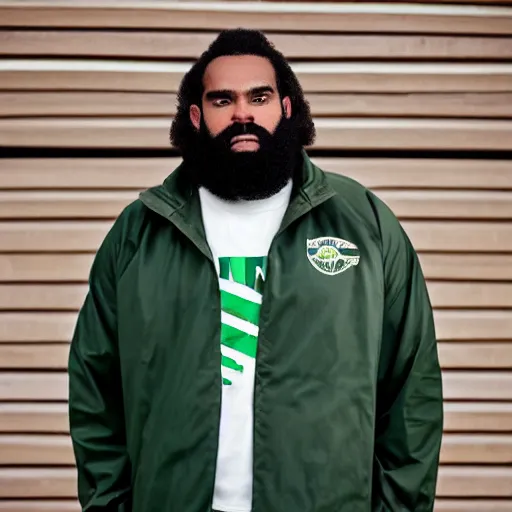 Prompt: photograph of a gigantic black man with afro hair and beard stubble wearing an adidas army green jacket, looming over dublin