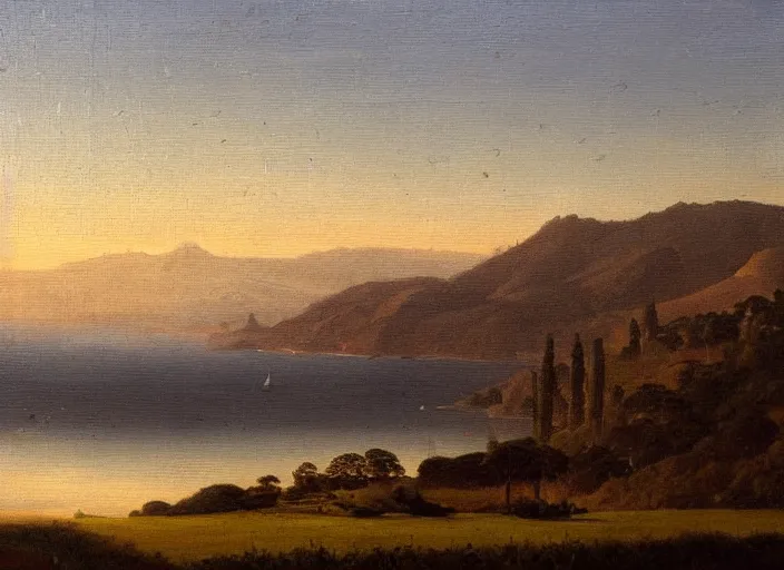 Image similar to san francisco bay in the style of hudson river school of art, oil on canvas