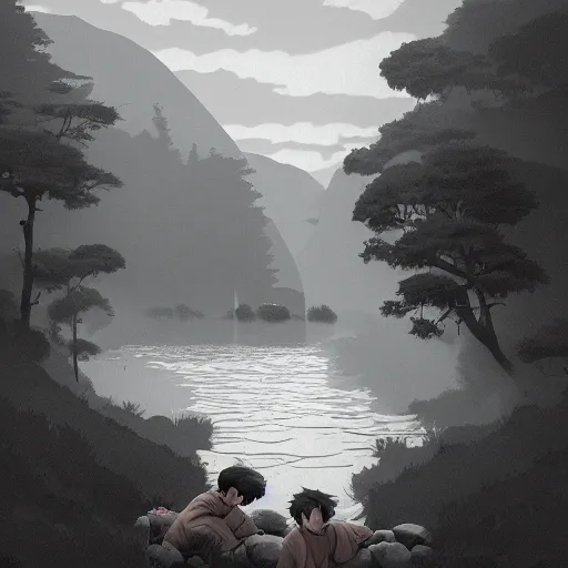 Image similar to character design, twin brothers doing nonsensical stuff in a river or something, in the style of killian eng kawase hasui james jean, artstation trending, 8 k, photorealistic, volumetric lighting caustics, black and white, detailed af