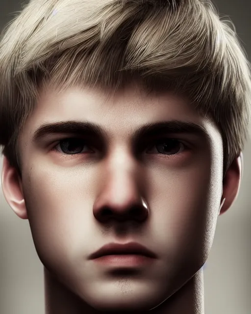 Prompt: portrait a 1 5 - year - old boy, with slender, white - blond hair, cold grey eyes, a pale complexion with sharp and pointed features close up, dramatic lighting, octane render, digital art