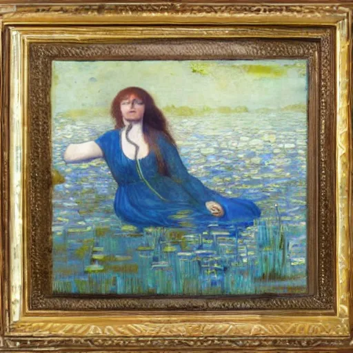 Prompt: Elizabeth Siddal swims in a lake with blue water lilies, oil painted, Pre-Raphaelite style, highly detailed, sharp focus