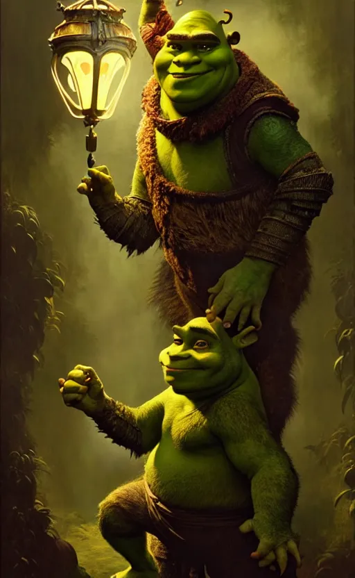 Image similar to shrek dragon gorgeous lighting by weta studio, mucha, bautista and norman rockwell and greg rutkowski and tom bagshaw and james gurney and lucasfilm