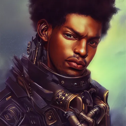 Image similar to portrait of a man by ayami kojima, afroamerican, he is about 2 0 years old, short black hair, annoyed older brother vibes, he is wearing a steampunk tactical gear, highly detailed portrait, digital painting, artstation, concept art, smooth, sharp foccus ilustration, artstation hq