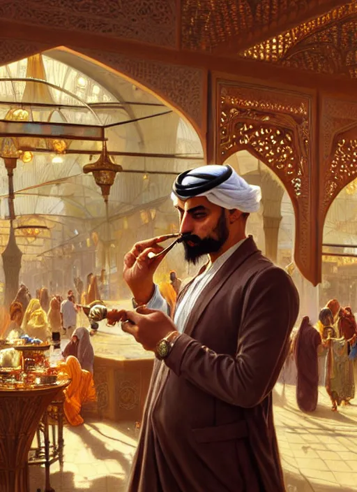 Image similar to an arabian man smoking a pipe in the market, shiny, fantasy, intricate, elegant, hyper detailed, ultra definition, photoreal, artstation, unreal engine rendered, concept art, smooth, sharp focus, illustration, art by artgerm and greg rutkowski and alphonse mucha and garis edelweiss