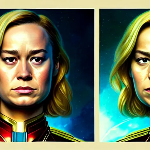 Image similar to portrait painting of brie larson as captain marvel skrull with short hair, ultra realistic, concept art, intricate details, eerie, highly detailed, photorealistic, octane render, 8 k, unreal engine. art by artgerm and greg rutkowski and charlie bowater and magali villeneuve and alphonse mucha