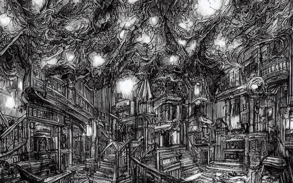 Prompt: haloween lovecraftian mansion interior epic, drawn by pete amachree