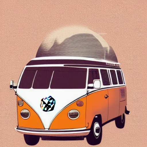 Image similar to illustration of an old van volkswagen, may 6 8, pastel colors, cool, hippie by victo ngai