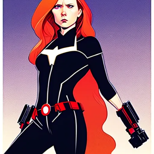 Image similar to phil noto comicbook cover art, black widow marvel, symmetrical eyes, long red hair, full body, city rooftop