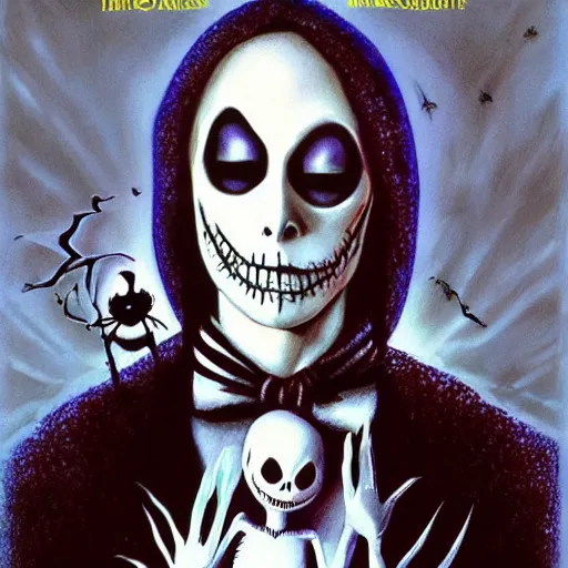 Image similar to macaulay culkin is jack skellington in a nightmare before christmas, airbrush art, drew struzan illustration art, key art, movie poster