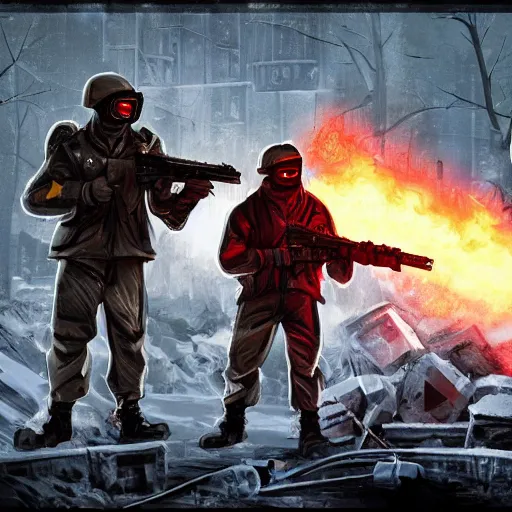 Prompt: gone with the blastwave comic scene, two soldiers in winter army gear, trench coats, gask masks, helmets with a red stripe, one soilder with sniper rifle, one soldier with flame thrower, destroyed post apocalyptic war - torn city, digital art, artstation