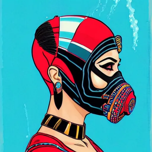 Prompt: a profile photo of a egyptian woman with a diving mask with side profile blood in ocean intricate details by MARVEL comics and Sandra Chevrier-C