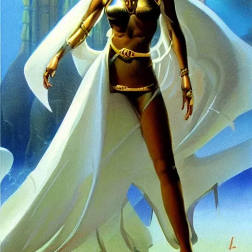 Prompt: alluring byzantine aztec concubine dressed in gauze, science fiction concept art by boris vallejo