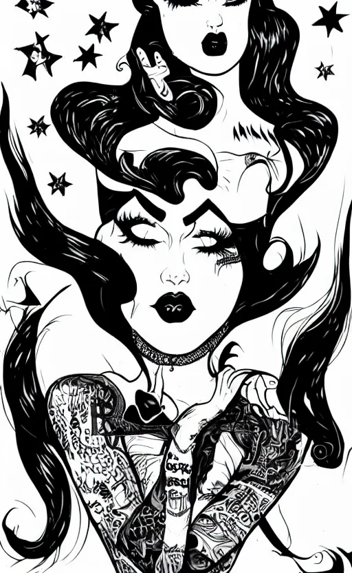 Image similar to of a goth girl burlesque psychobilly, rockabilly, punk, black hair, detailed face, white background, drawing, zoomed out, full body, illustration