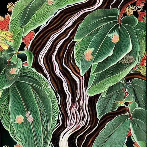 Prompt: a detailed Japanese illustration of a coffee plant and grounds, with coffee waterfalls and rainbows, extreme detail, beautiful